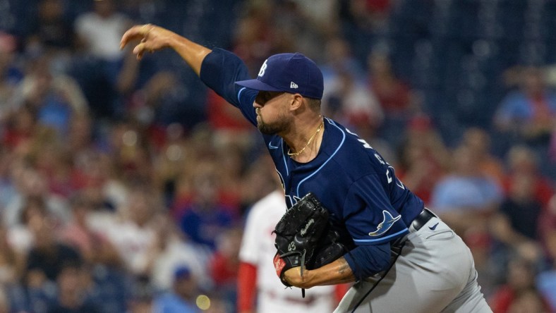 Aug 25, 2021; Philadelphia, Pennsylvania, USA; Tampa Bay Rays relief pitcher Shawn Armstrong (46) throws a pitch against the Philadelphia Phillies during the fifth inning at Citizens Bank Park. Mandatory Credit: Bill Streicher-USA TODAY Sports