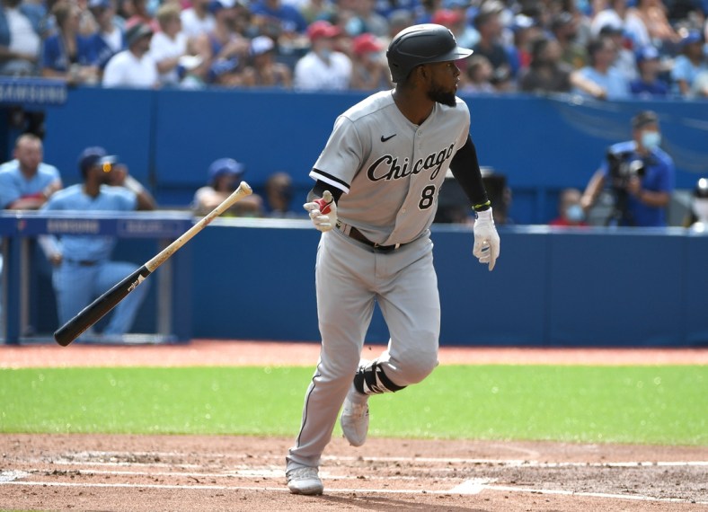 Aug 26, 2021; Toronto, Ontario, CAN; Chicago White Sox center fielder Luis Robert (88) hits a two run home run against Toronto Blue Jays in the third inning at Rogers Centre. Mandatory Credit: Dan Hamilton-USA TODAY Sports