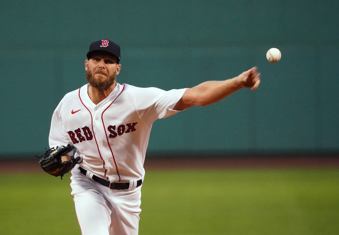 Aug 26, 2021; Boston, Massachusetts, USA; Boston Red Sox starting pitcher Chris Sale (41) throws against the Minnesota Twins in the first inning at Fenway Park. Mandatory Credit: David Butler II-USA TODAY Sports