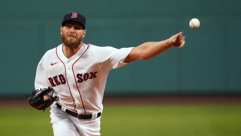 Aug 26, 2021; Boston, Massachusetts, USA; Boston Red Sox starting pitcher Chris Sale (41) throws against the Minnesota Twins in the first inning at Fenway Park. Mandatory Credit: David Butler II-USA TODAY Sports