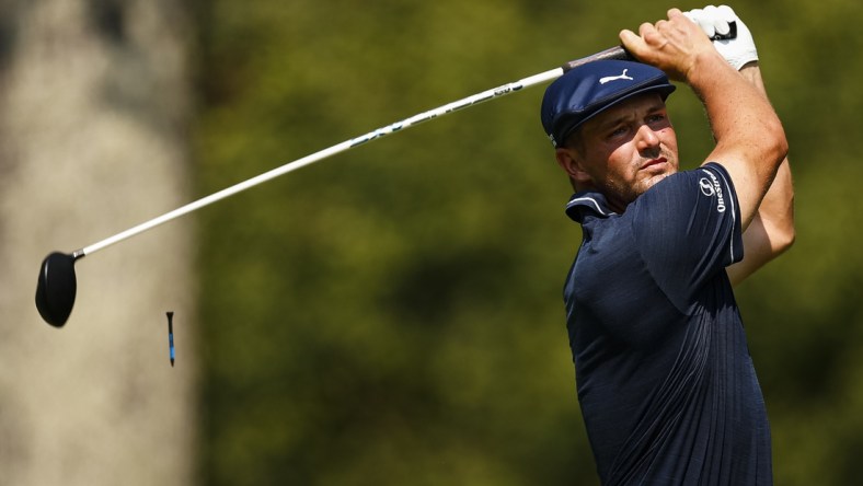 Aug 27, 2021; Owings Mills, Maryland, USA; Bryson Dechambeau plays his shot from the second tee during the second round of the BMW Championship golf tournament. Mandatory Credit: Scott Taetsch-USA TODAY Sports