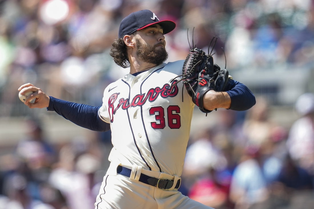 Aug 29, 2021; Cumberland, Georgia, USA; Atlanta Braves starting pitcher Ian Anderson (36) pitches against the San Francisco Giants during the first inning at Truist Park. Mandatory Credit: Dale Zanine-USA TODAY Sports