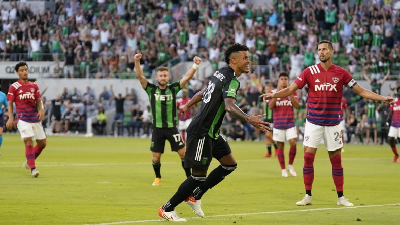 Aug 29, 2021; Austin, TX, USA; Austin FC defender Julio Cascante (18) reacts after scoring goal in first half against FC Dallas at Q2 Stadium. Mandatory Credit: Scott Wachter-USA TODAY Sports