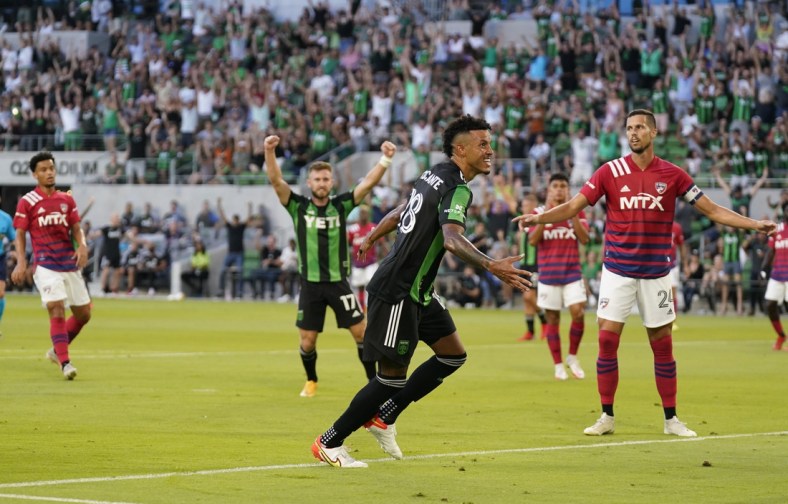 Aug 29, 2021; Austin, TX, USA; Austin FC defender Julio Cascante (18) reacts after scoring goal in first half against FC Dallas at Q2 Stadium. Mandatory Credit: Scott Wachter-USA TODAY Sports
