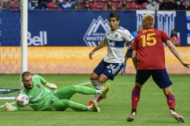 Aug 29, 2021; Vancouver, British Columbia, CAN;  Real Salt Lake goalkeeper Andrew Putna (51) stops a shot on net by the Vancouver Whitecaps FC during the first half at BC Place. Mandatory Credit: Anne-Marie Sorvin-USA TODAY Sports