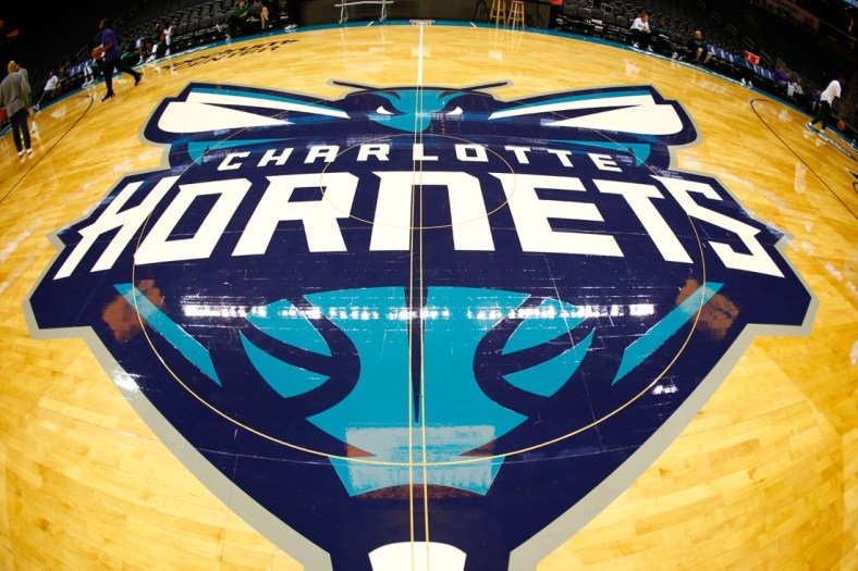 Oct 11, 2017; Charlotte, NC, USA; A view of the Charlotte Hornets logo at half court prior to the game against the Boston Celtics at Spectrum Center. Mandatory Credit: Jeremy Brevard-USA TODAY Sports