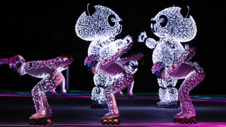 Feb 25, 2018; PyeongChang, South Korea; Performers for Beijing 2022 during the closing ceremony for the Pyeongchang 2018 Olympic Winter Games at Pyeongchang Olympic Stadium. Mandatory Credit: Rob Schumacher-USA TODAY Sports