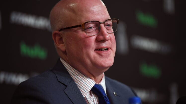 May 28, 2018; Las Vegas, NV, USA; NHL deputy commissioner Bill Daly speaks with media before game one of the 2018 Stanley Cup Final between Vegas Golden Knights and Washington Capitals at T-Mobile Arena. Mandatory Credit: Stephen R. Sylvanie-USA TODAY Sports