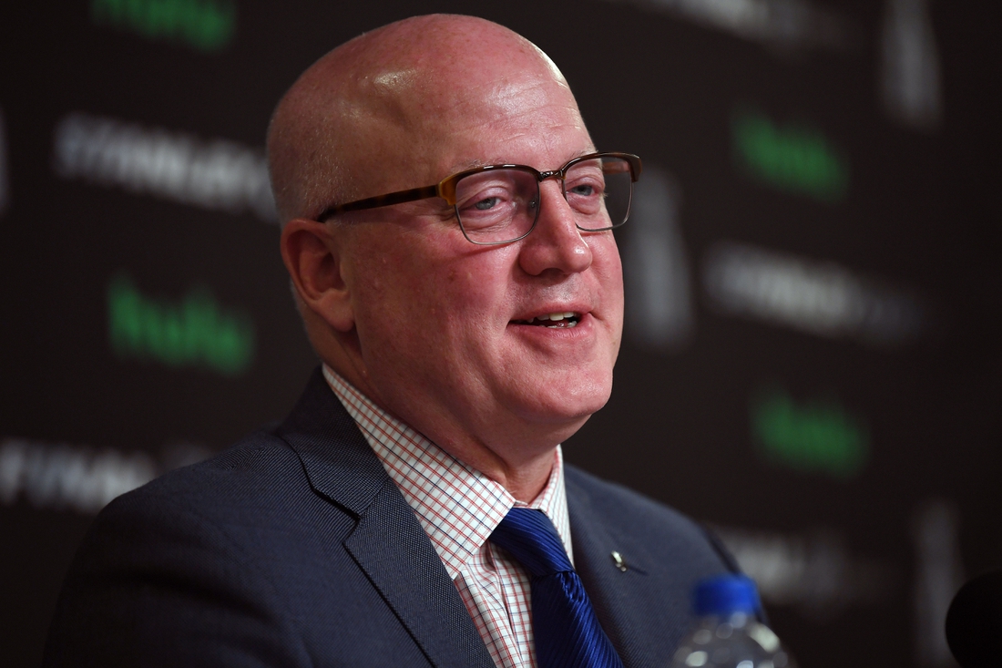 May 28, 2018; Las Vegas, NV, USA; NHL deputy commissioner Bill Daly speaks with media before game one of the 2018 Stanley Cup Final between Vegas Golden Knights and Washington Capitals at T-Mobile Arena. Mandatory Credit: Stephen R. Sylvanie-USA TODAY Sports