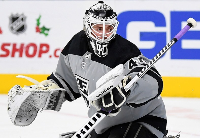 Dec 23, 2018; Las Vegas, NV, USA; Los Angeles Kings goaltender Cal Petersen (40) watches a shot sail wide during the second period against the Vegas Golden Knights at T-Mobile Arena. Mandatory Credit: Stephen R. Sylvanie-USA TODAY Sports