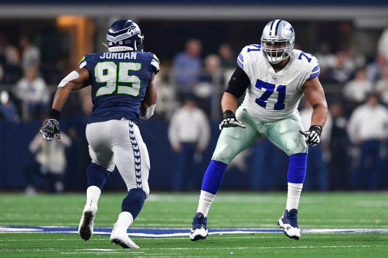 Jan 5, 2019; Arlington, TX, USA; Dallas Cowboys offensive tackle La'el Collins (71) pass protects against Seattle Seahawks defensive end Dion Jordan (95) in the second quarter in a NFC Wild Card playoff football game at AT&T Stadium. Mandatory Credit: Shane Roper-USA TODAY Sports