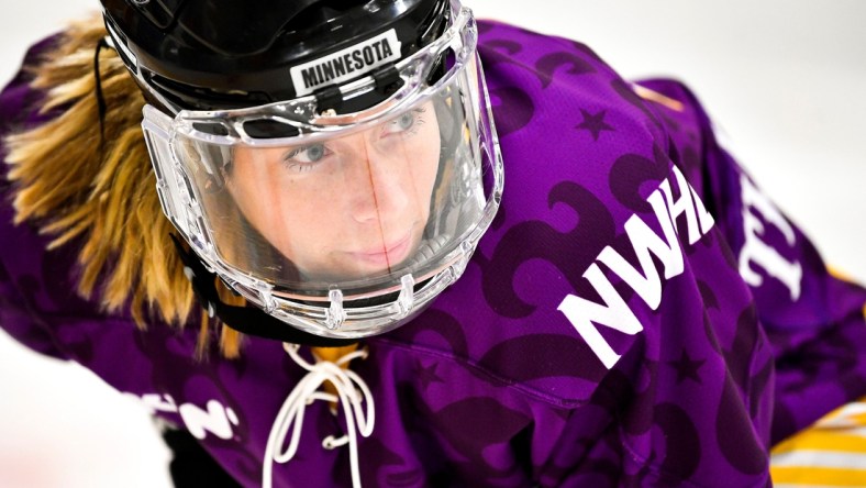 Allie Thunstrom gets into position to compete in the fastest skater competition during the 2019 NWHL All-Star Weekend Skills Competition at Ford Ice Center in Antioch, Tenn., Saturday, Feb. 9, 2019.

20190209 Nwhlskills 009