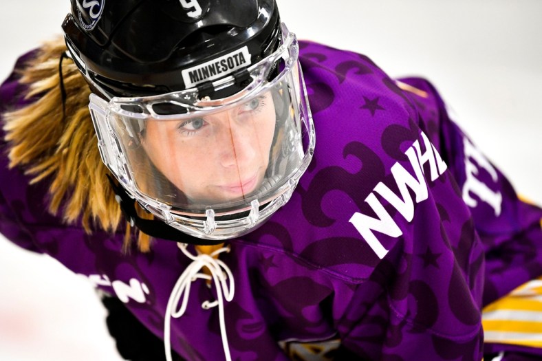 Allie Thunstrom gets into position to compete in the fastest skater competition during the 2019 NWHL All-Star Weekend Skills Competition at Ford Ice Center in Antioch, Tenn., Saturday, Feb. 9, 2019.

20190209 Nwhlskills 009