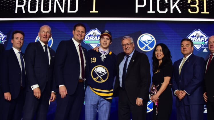 Jun 21, 2019; Vancouver, BC, Canada; Ryan Johnson poses for a photo after being selected as the number thirty-one overall pick to the Buffalo Sabres in the first round of the 2019 NHL Draft at Rogers Arena. Mandatory Credit: Anne-Marie Sorvin-USA TODAY Sports