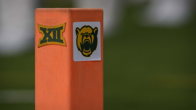 Aug 31, 2019; Waco, TX, USA; A view of the Baylor Bears logo and the Big 12 conference logo on an end zone pylon during the game between the Baylor Bears and the Stephen F. Austin Lumberjacks at McLane Stadium. Mandatory Credit: Jerome Miron-USA TODAY Sports