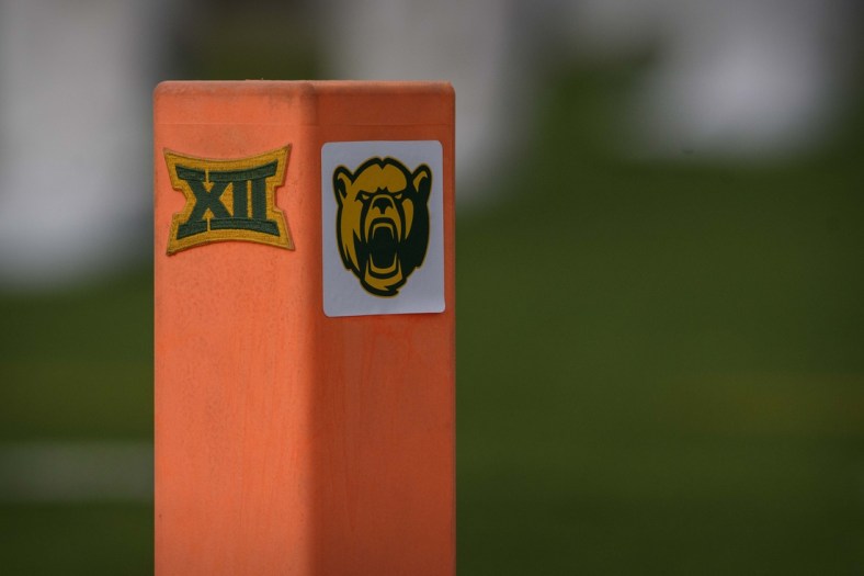 Aug 31, 2019; Waco, TX, USA; A view of the Baylor Bears logo and the Big 12 conference logo on an end zone pylon during the game between the Baylor Bears and the Stephen F. Austin Lumberjacks at McLane Stadium. Mandatory Credit: Jerome Miron-USA TODAY Sports