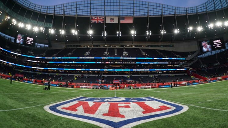 Oct 13, 2019; London, United Kingdom;  General overall view of the NFL shield logo at midfield during an NFL International Series game between the Carolina Panthers and the Tampa Bay Buccaneers at Tottenham Hotspur Stadium. Mandatory Credit: Kirby Lee-USA TODAY Sports