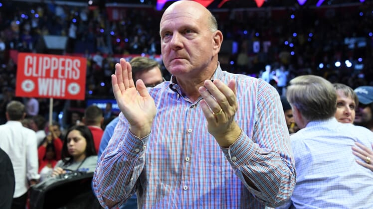 Oct 22, 2019; Los Angeles, CA, USA; LA Clippers owner Steve Ballmer reacts after the game against the Los Angeles Lakers  at Staples Center. The Clippers defeated the Lakers 112-102.  Mandatory Credit: Kirby Lee-USA TODAY Sports
