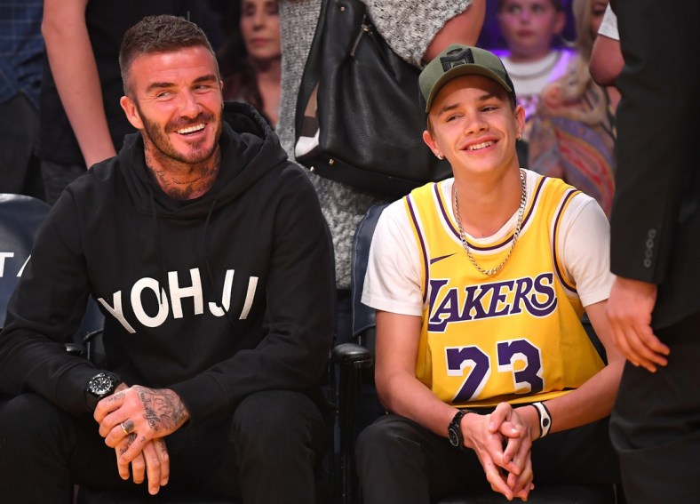 Oct 27, 2019; Los Angeles, CA, USA;  David Beckham and his son Romeo, 17 attend the game between the Los Angeles Lakers and the Charlotte Hornets at Staples Center. Mandatory Credit: Jayne Kamin-Oncea-USA TODAY Sports