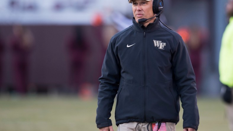 Nov 9, 2019; Blacksburg, VA, USA; Wake Forest Demon Deacons head coach Dave Clawson walks the sidelines during the game against the Virginia Tech Hokies at Lane Stadium. Mandatory Credit: Lee Luther Jr.-USA TODAY Sports