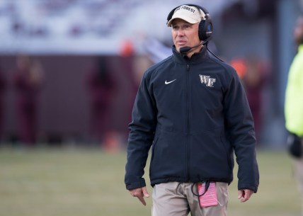 Nov 9, 2019; Blacksburg, VA, USA; Wake Forest Demon Deacons head coach Dave Clawson walks the sidelines during the game against the Virginia Tech Hokies at Lane Stadium. Mandatory Credit: Lee Luther Jr.-USA TODAY Sports
