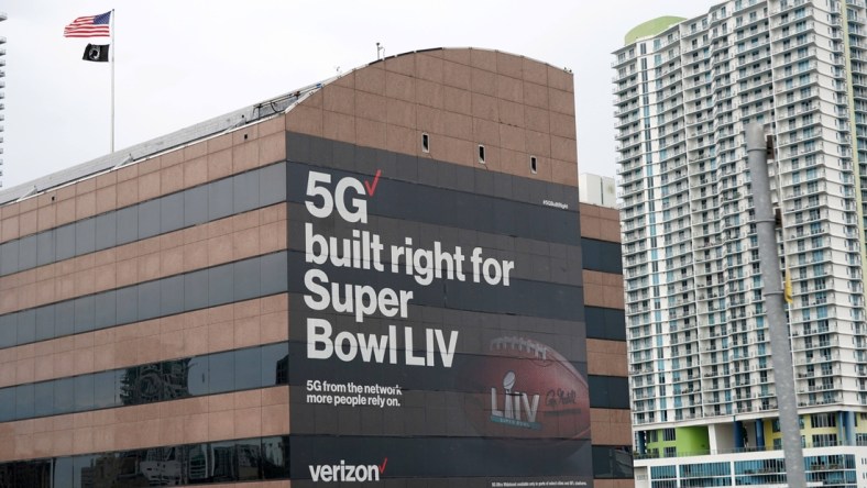 Feb 1, 2020; Miami, Florida, USA; General overall view of Verizon 5G advertisement prior to Super Bowl LIV.. Mandatory Credit: Kirby Lee-USA TODAY Sports