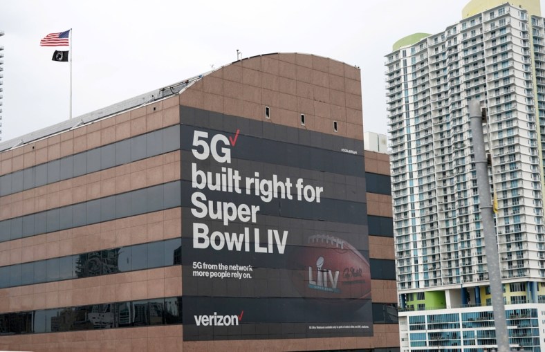 Feb 1, 2020; Miami, Florida, USA; General overall view of Verizon 5G advertisement prior to Super Bowl LIV.. Mandatory Credit: Kirby Lee-USA TODAY Sports
