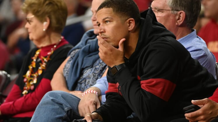 Feb 13, 2020; Los Angeles, California, USA;  USC Trojans defensive backs coach Donte Williams attends the game between the USC Trojans and the Washington Huskies at Galen Center. Mandatory Credit: Jayne Kamin-Oncea-USA TODAY Sports