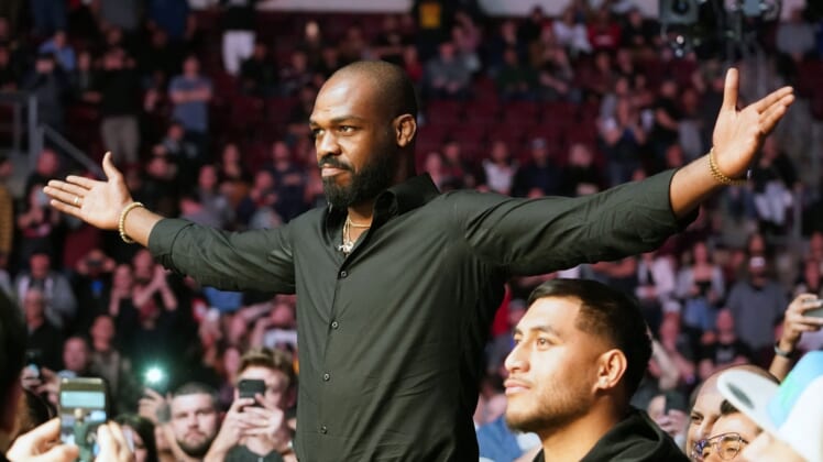 Feb 15, 2020; Rio Rancho, New Mexico, USA; UFC fighter Jon Jones attends the light heavyweight bout between Jan Blachowicz (blue) and Corey Anderson (red) during UFC Fight Night at Santa Ana Star Arena. Mandatory Credit: Kirby Lee-USA TODAY Sports