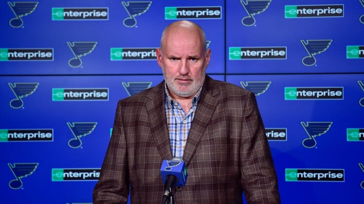 Feb 18, 2020; St. Louis, Missouri, USA;  St. Louis Blues general manager Doug Armstrong talks with the media about the acquisition of defenseman Marco Scandella from the Montreal Canadians prior to a game against the New Jersey Devils at Enterprise Center. Mandatory Credit: Jeff Curry-USA TODAY Sports