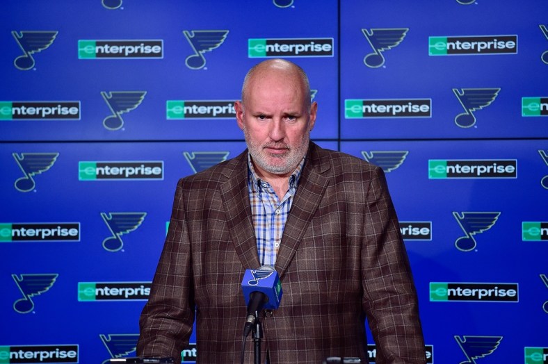Feb 18, 2020; St. Louis, Missouri, USA;  St. Louis Blues general manager Doug Armstrong talks with the media about the acquisition of defenseman Marco Scandella from the Montreal Canadians prior to a game against the New Jersey Devils at Enterprise Center. Mandatory Credit: Jeff Curry-USA TODAY Sports