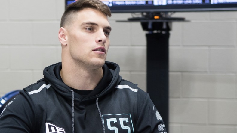 Feb 28, 2020; Indianapolis, Indiana, USA; Clemson defensive back Tanner Muse (DB55) speaks to the media during the 2020 NFL Combine in the Indianapolis Convention Center. Mandatory Credit: Trevor Ruszkowski-USA TODAY Sports