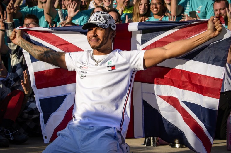 Nov 3, 2019; Austin, TX, USA; Mercedes AMG Petronas Motorsport driver Lewis Hamilton (44) of Great Britain celebrates winning his sixth world championship after the United States Grand Prix at Circuit of the Americas. Mandatory Credit: Jerome Miron-USA TODAY Sports