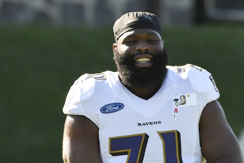 Aug 18, 2020; Owings Mills, Maryland, USA;  Baltimore Ravens defensive tackle Justin Ellis (71) stands on the field during the morning session of training camp at Under Armour Performance Center. Mandatory Credit: Tommy Gilligan-USA TODAY Sports