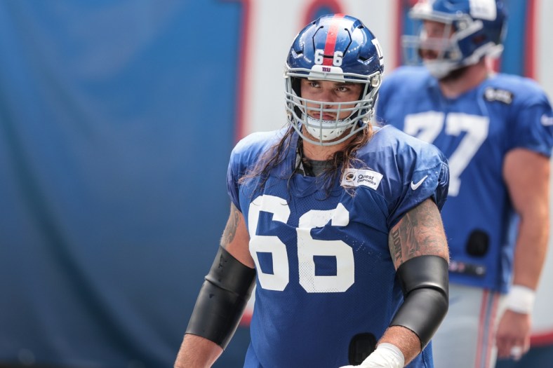 Sep 3, 2020; East Rutherford, New Jersey, USA; New York Giants guard Shane Lemieux (66) during the Blue-White Scrimmage at MetLife Stadium. Mandatory Credit: Vincent Carchietta-USA TODAY Sports