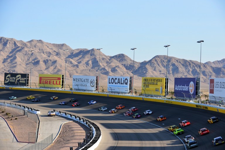 Sep 27, 2020; Las Vegas, Nevada, USA; General view as NASCAR Cup Series driver Chase Elliott (9) leads the field during the South Point 400 at Las Vegas Motor Speedway. Mandatory Credit: Gary A. Vasquez-USA TODAY Sports