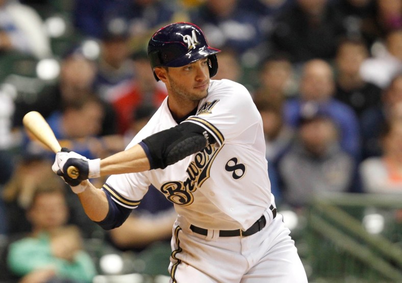 Milwaukee Brewers Ryan Braun carefully watches his  pitches getting two walks, this one in the 4th inning  during the MLB baseball game between the Milwaukee Brewers and San Francisco Giants at Miller Park in Milwaukee, Wisconsin,  Wednesday, April 17, 2013.

Brewers18 09 Wood