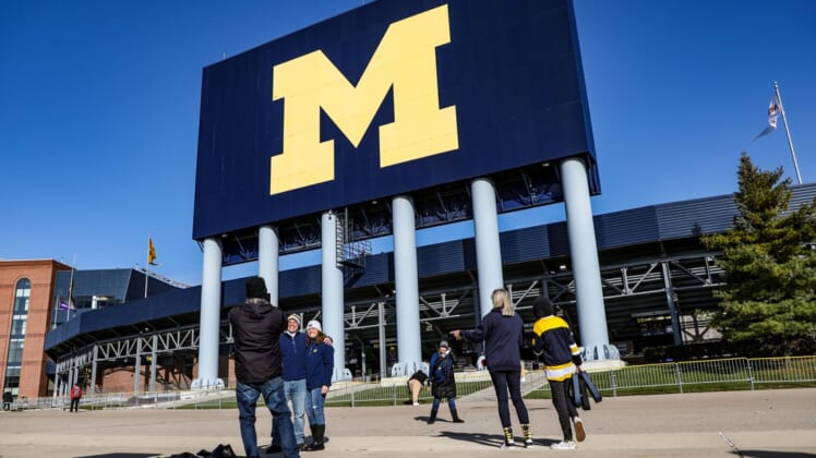 Only family and friends, besides media, were allowed to attend the Michigan Wolverines football game against rival Michigan State Spartans in Ann Arbor, Saturday,  Oct. 31, 2020.Michigan Stadium entrance, M Go Blue logo, Go Blue, Block M logo