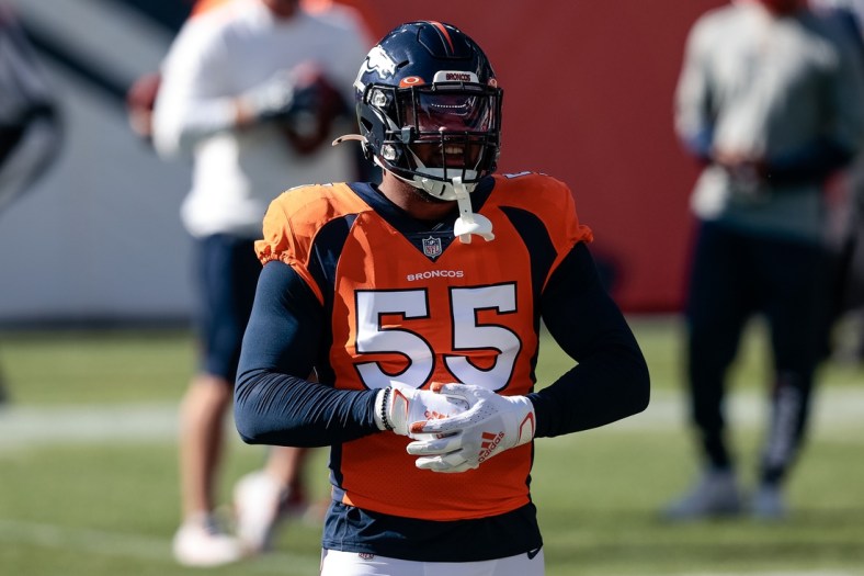 Nov 1, 2020; Denver, Colorado, USA; Denver Broncos outside linebacker Bradley Chubb (55) before the game against the Los Angeles Chargers at Empower Field at Mile High. Mandatory Credit: Isaiah J. Downing-USA TODAY Sports