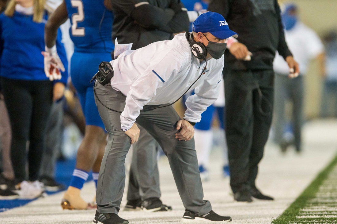 Nov 14, 2020; Tulsa, Oklahoma, USA;  Tulsa Golden Hurricane head coach Philip Montgomery watches a play during the game against the Southern Methodist Mustangs at Skelly Field at H.A. Chapman Stadium. Tulsa won 28-24. Mandatory Credit: Brett Rojo-USA TODAY Sports