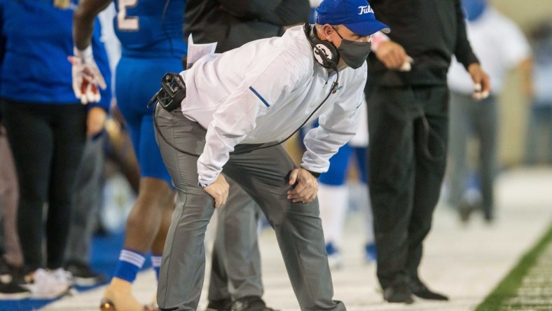 Nov 14, 2020; Tulsa, Oklahoma, USA;  Tulsa Golden Hurricane head coach Philip Montgomery watches a play during the game against the Southern Methodist Mustangs at Skelly Field at H.A. Chapman Stadium. Tulsa won 28-24. Mandatory Credit: Brett Rojo-USA TODAY Sports