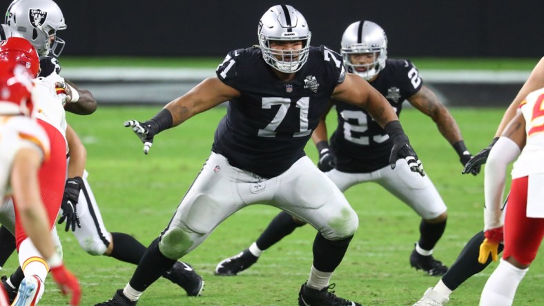 Nov 22, 2020; Paradise, Nevada, USA; Las Vegas Raiders offensive tackle Denzelle Good (71) against the Kansas City Chiefs at Allegiant Stadium. Mandatory Credit: Mark J. Rebilas-USA TODAY Sports