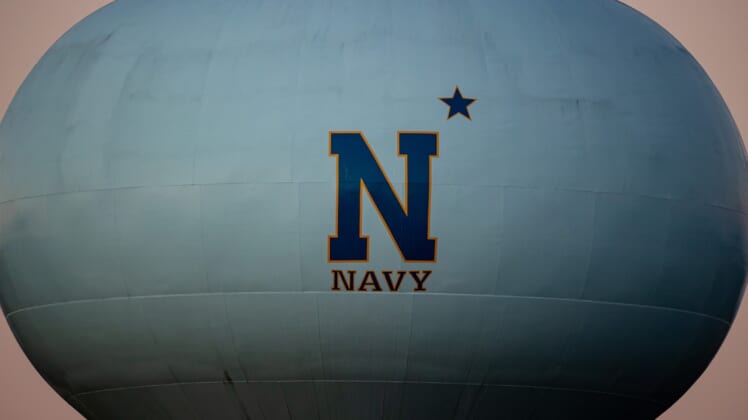 Nov 28, 2020; Annapolis, Maryland, USA; A general view of the Navy Midshipmen logo on a water tower near the stadium is seen before the game between the Navy Midshipmen and the Memphis Tigers at Navy-Marine Corps Memorial Stadium. Mandatory Credit: Scott Taetsch-USA TODAY Sports