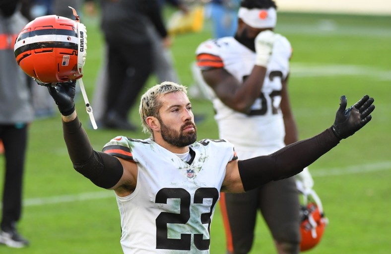 Dec 6, 2020; Nashville, Tennessee, USA; Cleveland Browns free safety Andrew Sendejo (23) celebrates after a win against the Tennessee Titans at Nissan Stadium. Mandatory Credit: Christopher Hanewinckel-USA TODAY Sports