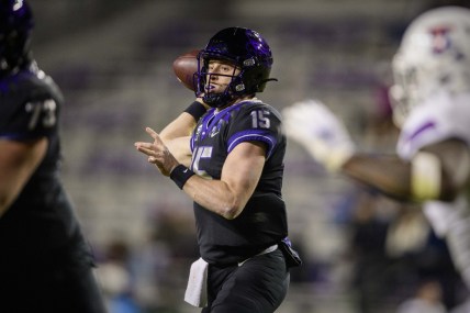 Dec 12, 2020; Fort Worth, Texas, USA; TCU Horned Frogs quarterback Max Duggan (15) passes against the Louisiana Tech Bulldogs during the first half at Amon G. Carter Stadium. Mandatory Credit: Jerome Miron-USA TODAY Sports