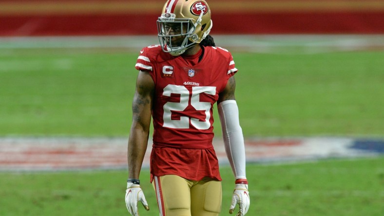 Dec 13, 2020; Glendale, Arizona, USA; San Francisco 49ers cornerback Richard Sherman (25) looks on against the Washington Football Team during the first half at State Farm Stadium. Mandatory Credit: Joe Camporeale-USA TODAY Sports