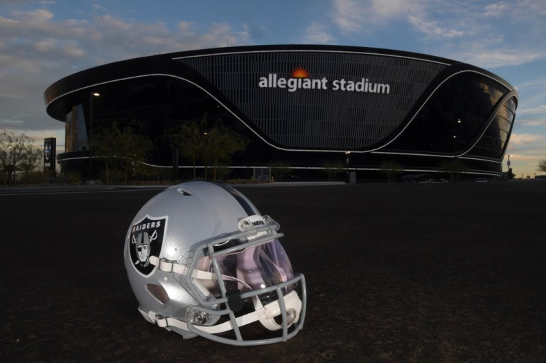 Dec 26, 2020; Paradise, Nevada, USA; A general view of a Las Vegas Raiders helmet outside of Allegiant Stadium  before the game against the Miami Dolphins. Mandatory Credit: Kirby Lee-USA TODAY Sports