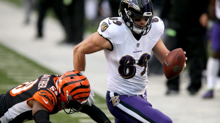 Baltimore Ravens tight end Mark Andrews (89) is pushed out of bounds by Cincinnati Bengals linebacker Akeem Davis-Gaither (59) in the third quarter during a Week 17 NFL football game, Sunday, Jan. 3, 2021, at Paul Brown Stadium in Cincinnati. The Baltimore Ravens won, 38-3. The Cincinnati Bengals finished with 2020 season 4-11-1.Baltimore Ravens At Cincinnati Bengals Week 17 Jan 3
