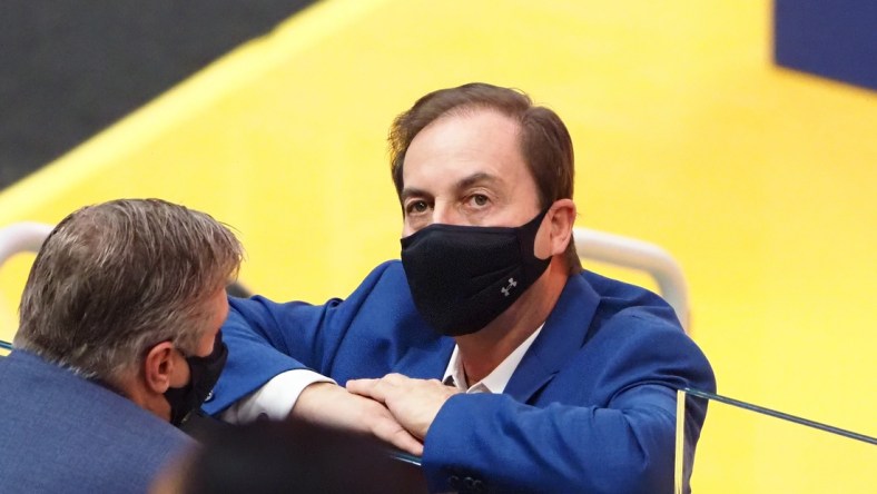 Jan 3, 2021; San Francisco, California, USA; Golden State Warriors majority owner Joe Lacob stands court side before the game against the Portland Trail Blazers at Chase Center. Mandatory Credit: Kelley L Cox-USA TODAY Sports