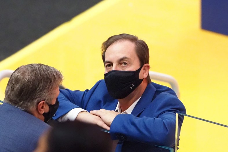 Jan 3, 2021; San Francisco, California, USA; Golden State Warriors majority owner Joe Lacob stands court side before the game against the Portland Trail Blazers at Chase Center. Mandatory Credit: Kelley L Cox-USA TODAY Sports